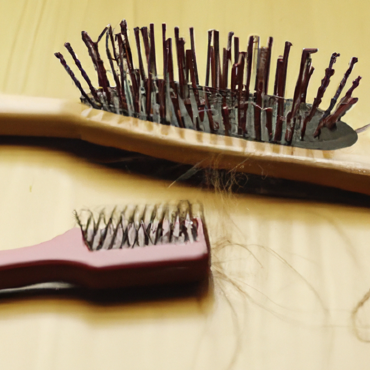 A table with hair loss treatment objects: supplements, hairbrush, laser device, shampoo, scalp massager, and transplant brochure.