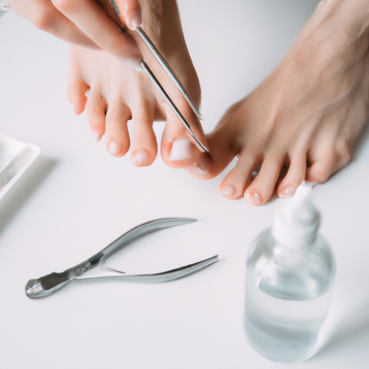 Close-up view of foot with tweezers, antiseptic, and magnifying glass, illustrating precise treatment of nail disorders.