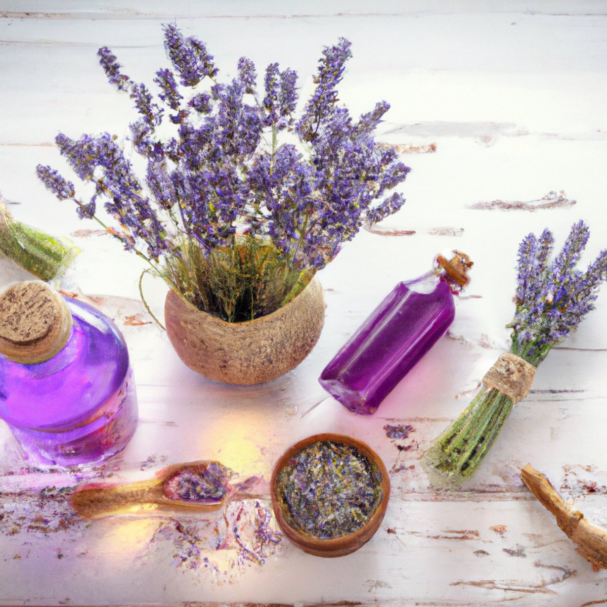 Serene scene of natural beauty remedies: lavender bouquet, essential oils, cotton towel, aromatic herbs. Relaxation and pampering.