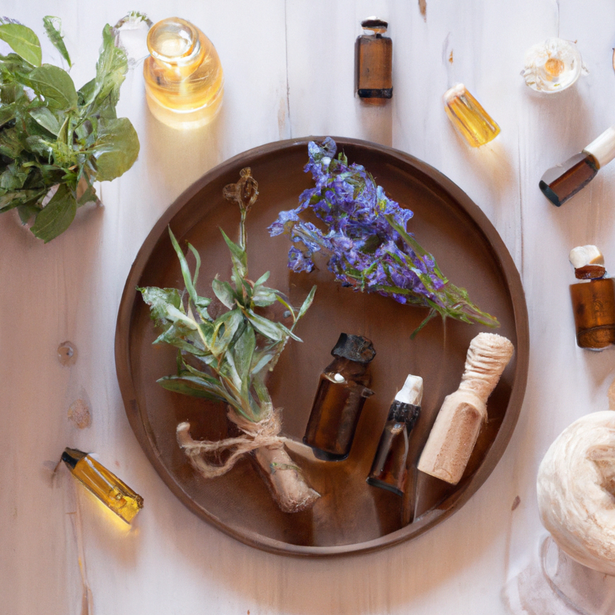 A serene scene of a wooden tray with essential oils, herbs, and a diffuser, creating a calming display -Stress Relief Exercises