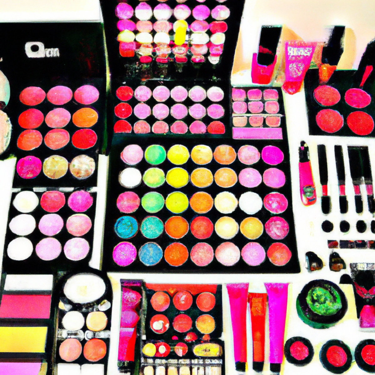 Vibrant and energetic scene of neon-colored makeup products, creating a visually stunning composition.