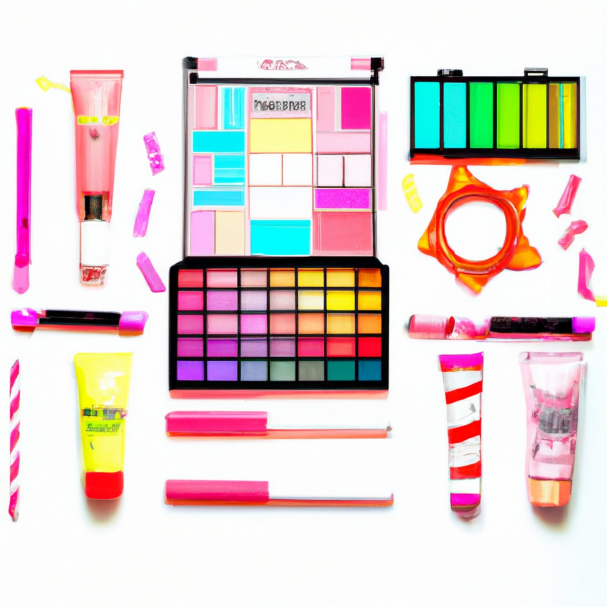 Vibrant neon makeup products arranged on a white background, showcasing a variety of shades for all skin tones.