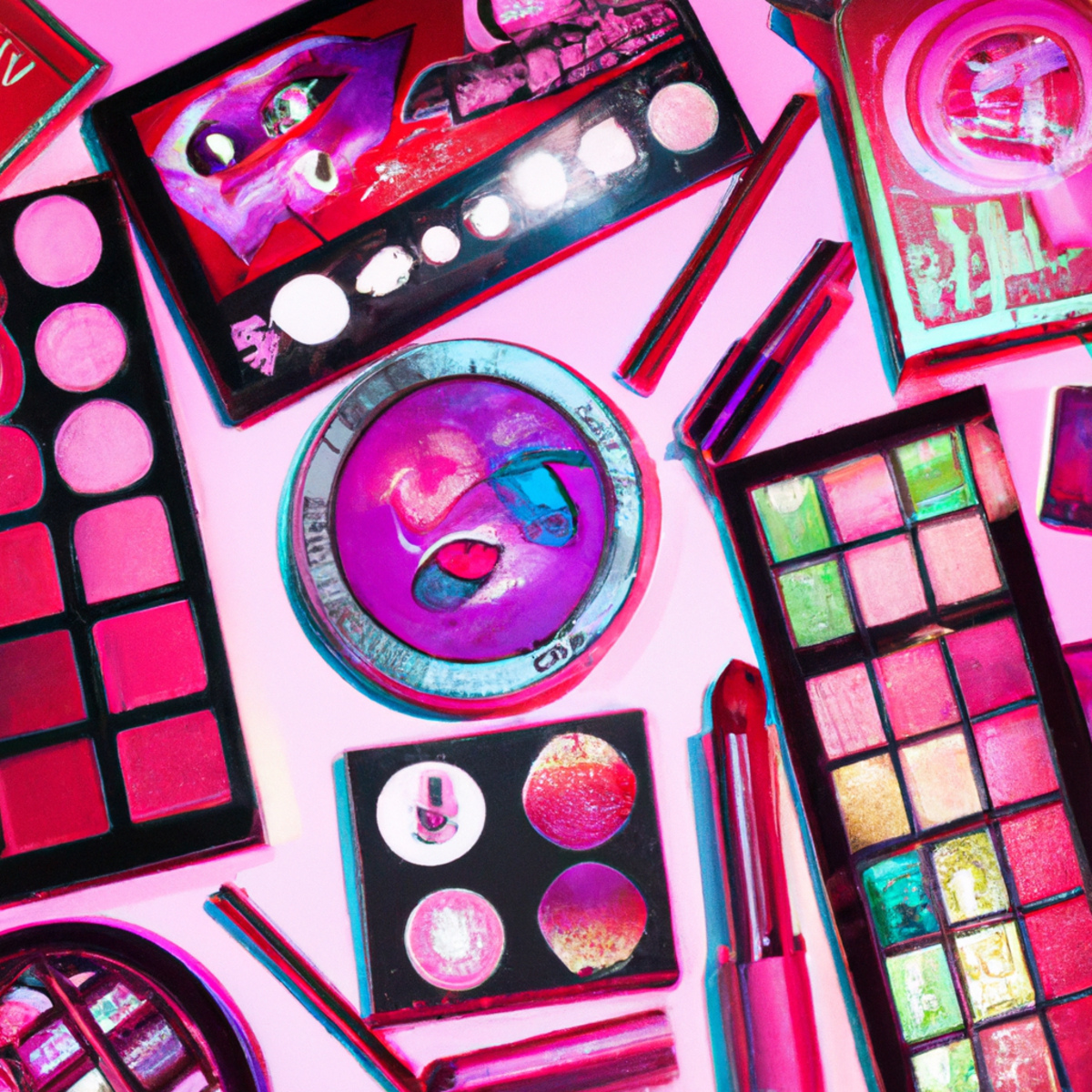 Vibrant neon makeup products arranged on reflective surface, showcasing bold colors and captivating patterns.