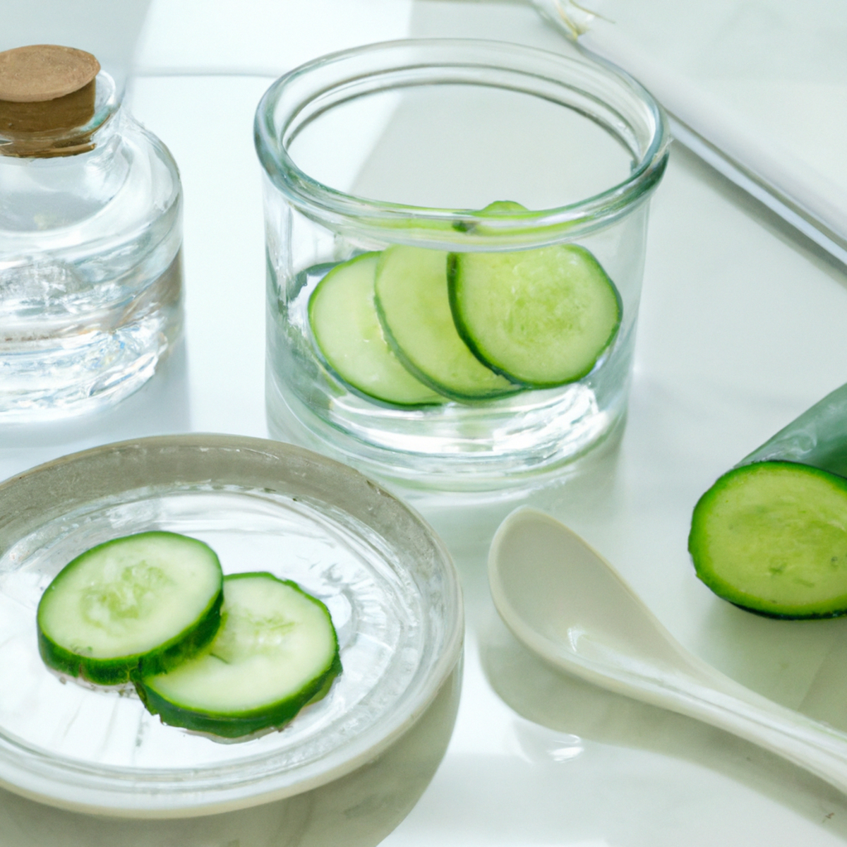 Close-up shot of serene scene with cucumber slices, silk eye mask, and green tea leaves, inviting readers to explore natural beauty remedies for rejuvenated eyes.