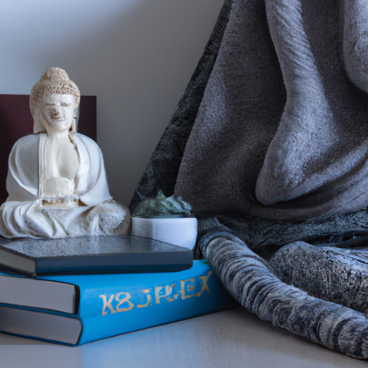 A serene meditation space with essential oil diffuser, salt lamp, books, and nature elements for stress relief.