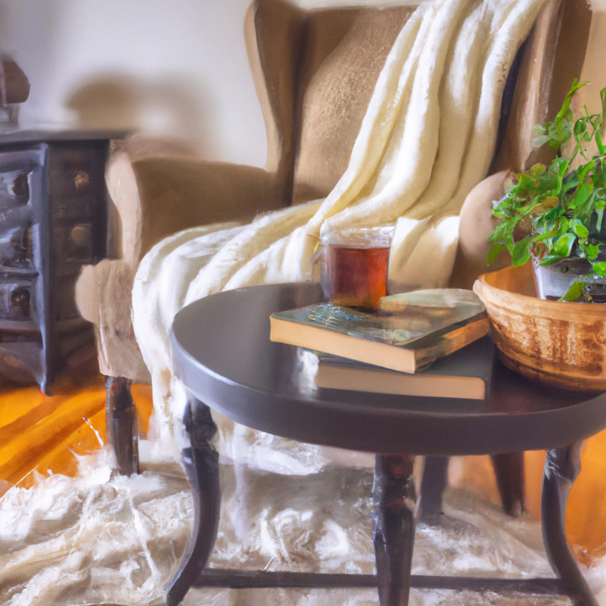 Cozy living room with warm lighting, tea, books, blanket, armchair, and essential oil diffuser for relaxation and self-care.