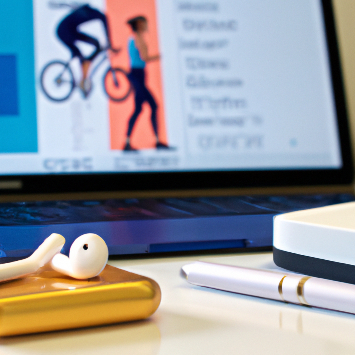 Cluttered desk in modern office with fitness app on laptop, wireless earphones, water bottle, yoga mat, and dumbbells. Encourages exercise for busy professionals.