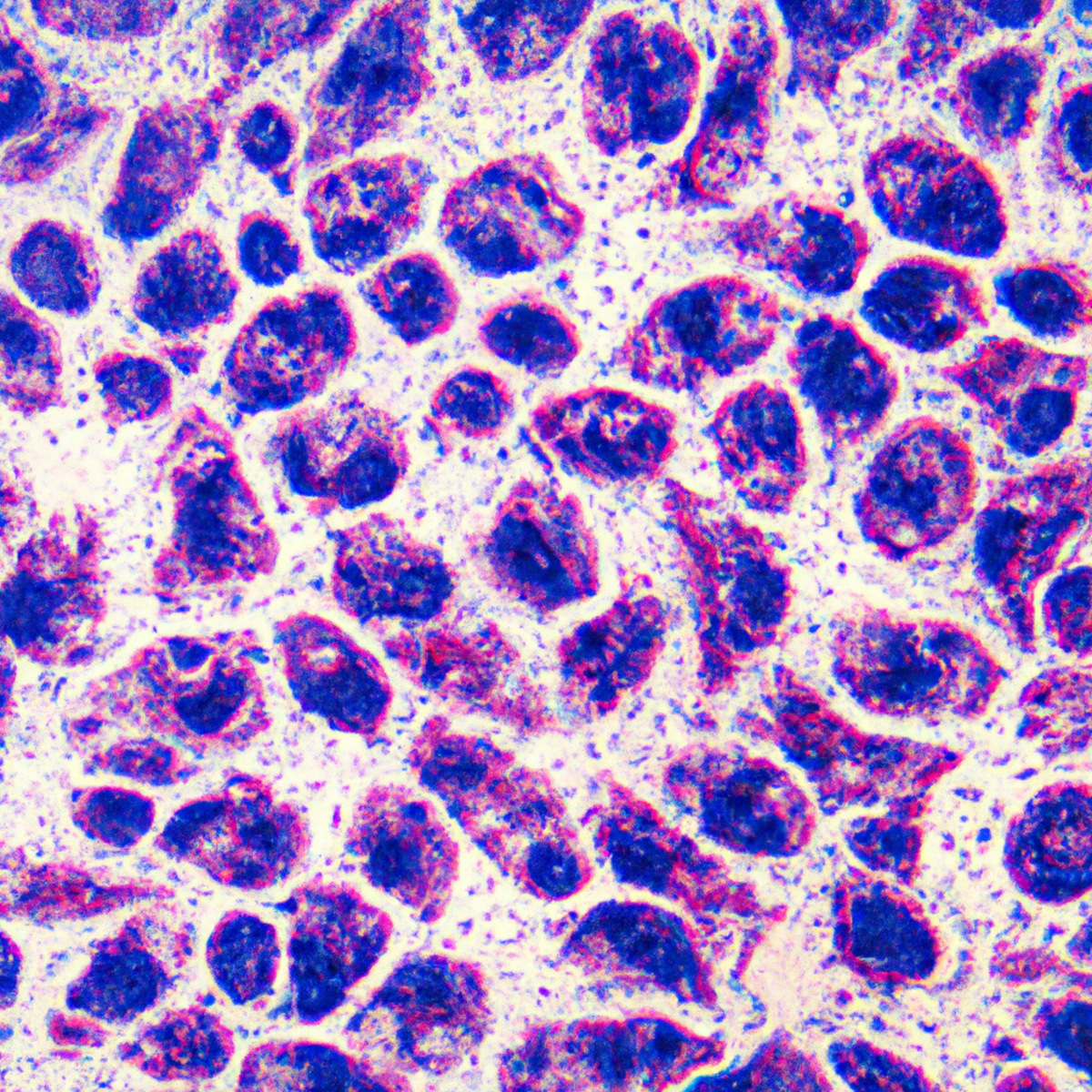 Close-up of stained Langerhans cells on a microscope slide, showcasing their distinct appearance and aiding in diagnosis.
