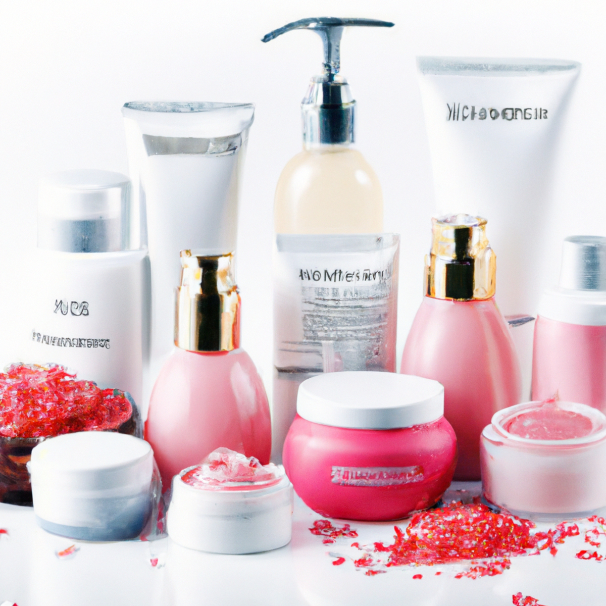 Vibrant assortment of skincare products for rosacea management on a clean white background.
