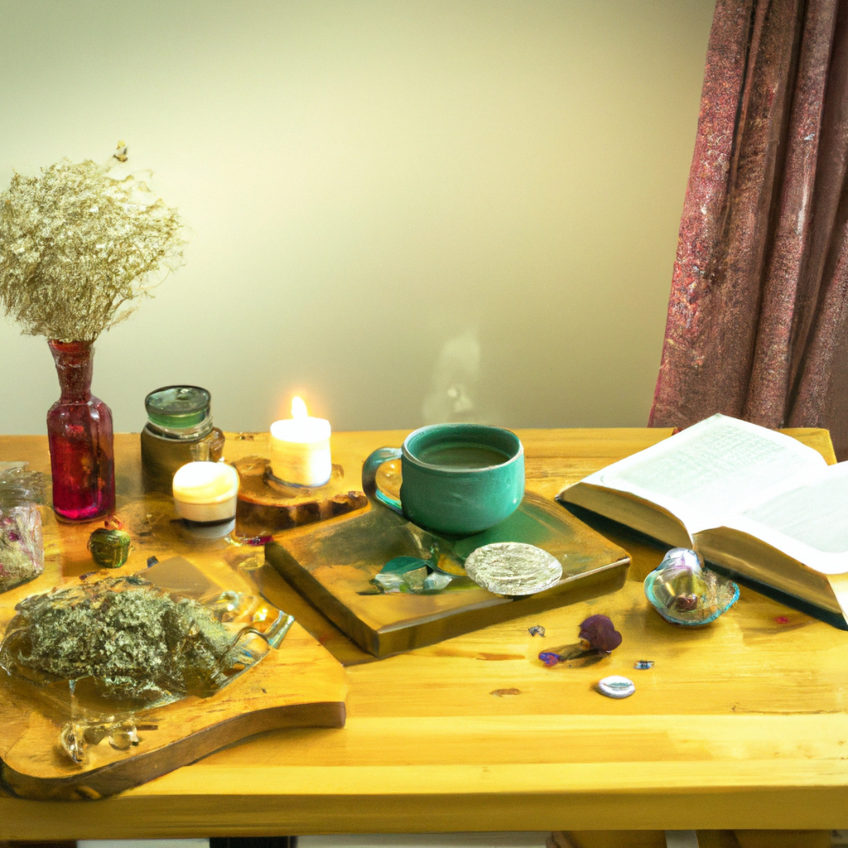 Cozy corner with wooden table, tea, journal, plant, books, and soft light, promoting self-care and personal growth.