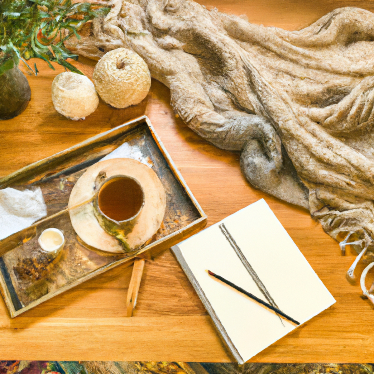 Cozy corner with tea, journal, blanket, flowers, and candle, promoting self-care and relaxation.