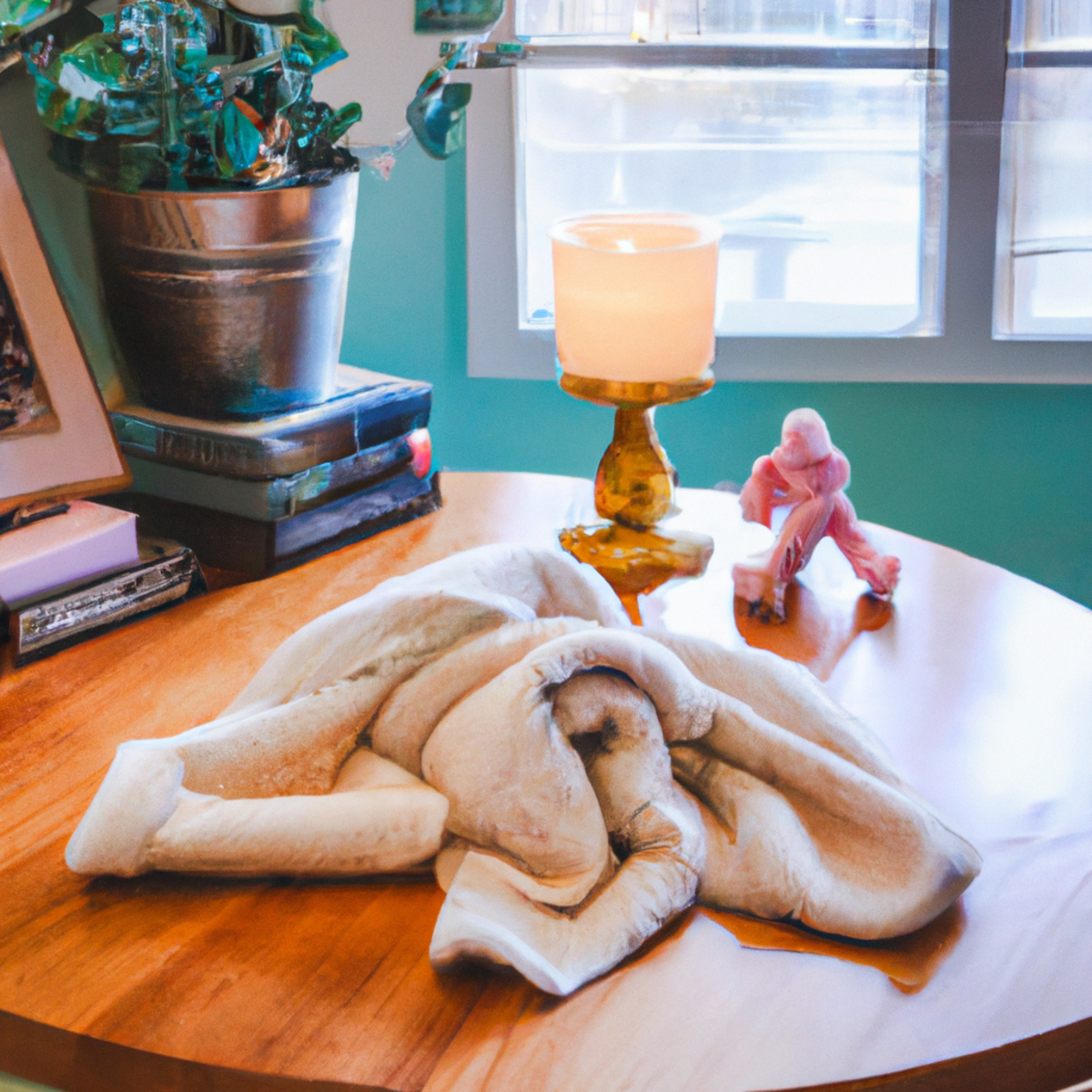 Cozy living room with self-care objects: blanket, books, pebbles, candle, tea. Promotes tranquility and stress reduction.