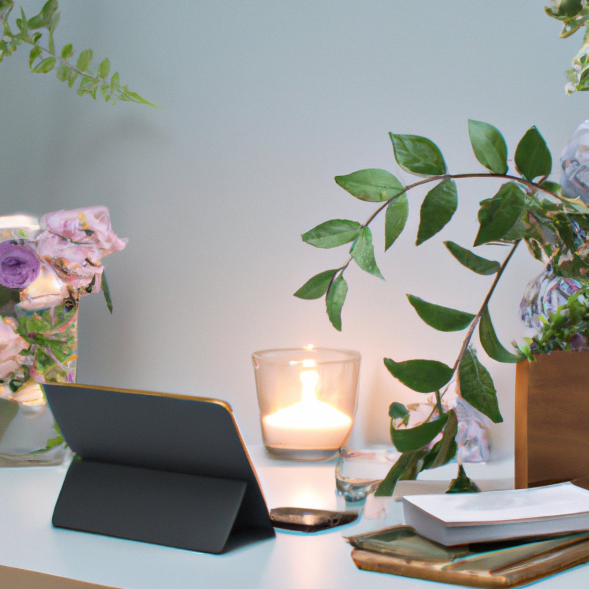 A serene workspace with a clutter-free desk, laptop, books, plant, tea, and notepad, promoting self-care and work-life balance.