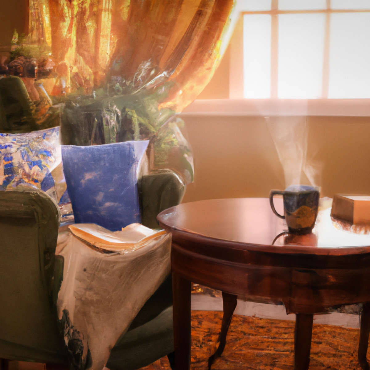 Cozy living room with plush armchair, warm blanket, herbal tea, books, salt lamp, and waterfall fountain promotes relaxation and stress reduction.