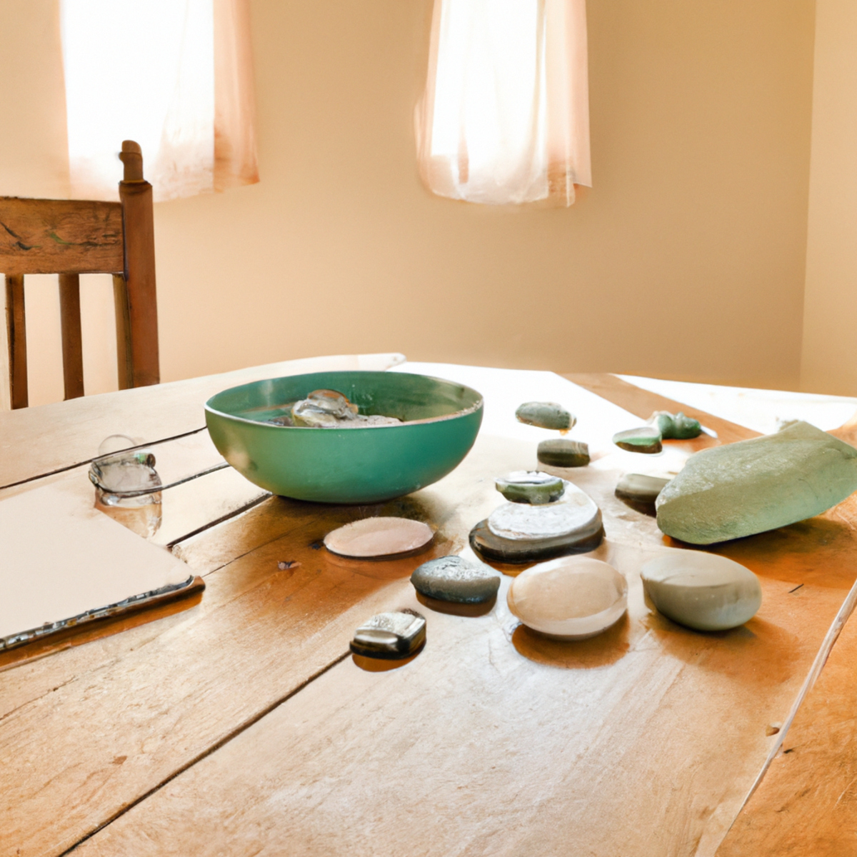 A serene room with natural light flooding in, showcasing a self-care routine with stones, yoga mat, books, candle, tea, and journal.