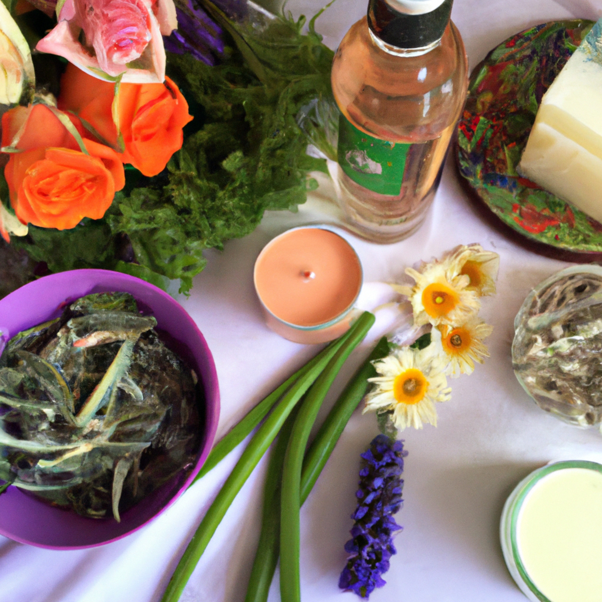Harmonious display of natural beauty remedies: flowers, skincare products, and rejuvenating masks for youthful skin.
