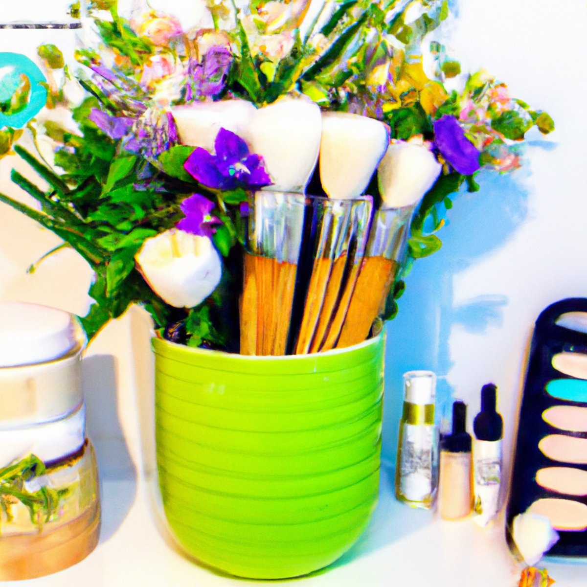 A vibrant bouquet of flowers, eco-friendly beauty tools, and homemade skincare products promote sustainable beauty practices.