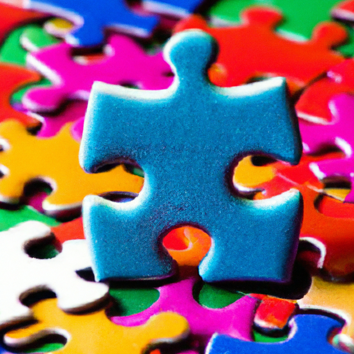 Vibrant mosaic of uniquely shaped puzzle pieces symbolizing unity and acceptance, representing Trichorhinophalangeal Syndrome community.