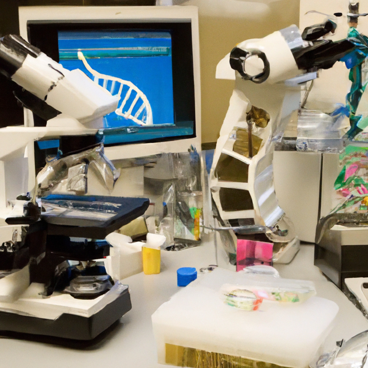 Close-up of a well-equipped laboratory workstation with a microscope analyzing genetic patterns on a computer screen.