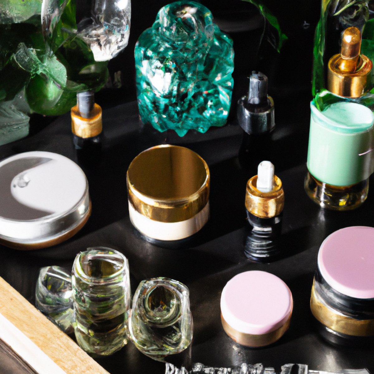Luxurious vanity table with CBD-infused skincare products, elegantly arranged glass jars and bottles, exuding sophistication and elegance.