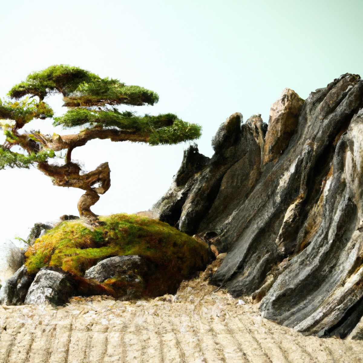 Zen garden with raked sand, pebbles, bonsai trees, and meditation cushion, showcasing mindfulness for stress relief.