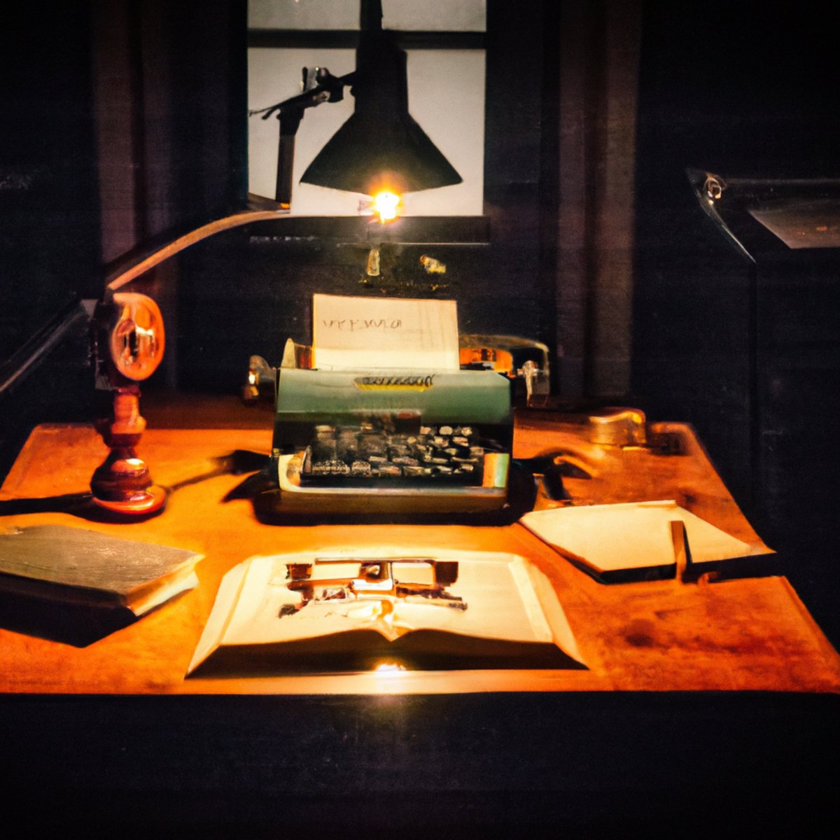 Dimly lit room with a solitary lamp, open book, spectacles, vintage typewriter, framed photos, worn-out armchair. Contemplative ambiance -Capgras Syndrome