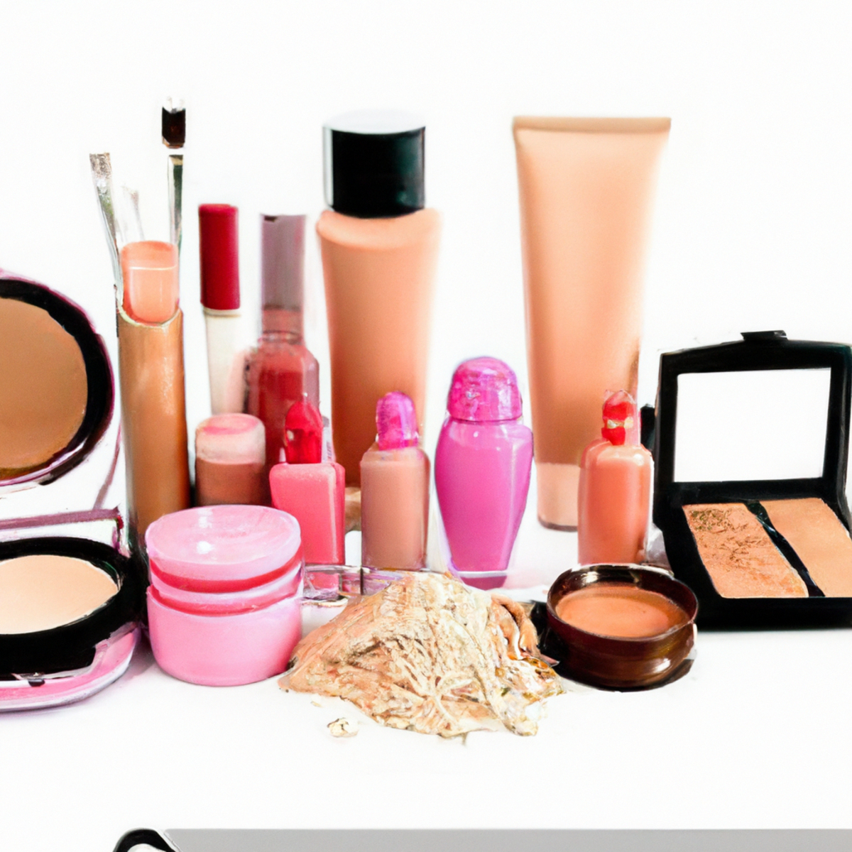 Makeup products for sensitive skin: foundation bottles, brush, pastel backdrop. Helpful guide for individuals with sensitive skin -Rosacea management