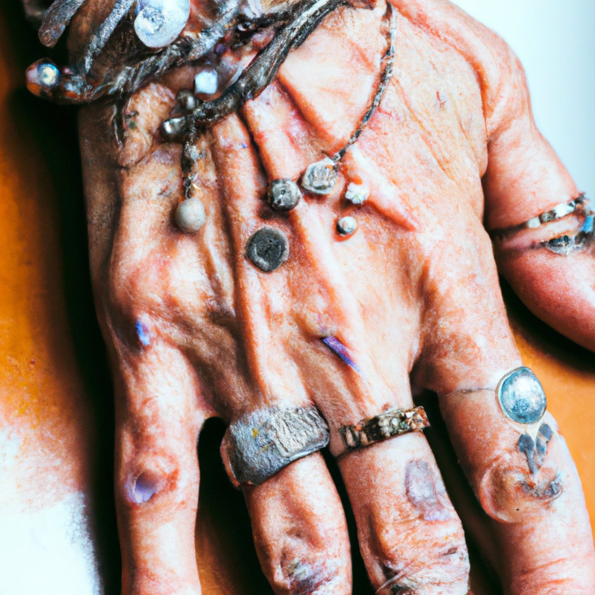 Close-up of a silver-adorned hand with argyria, showcasing intricate jewelry details and elegant composition.