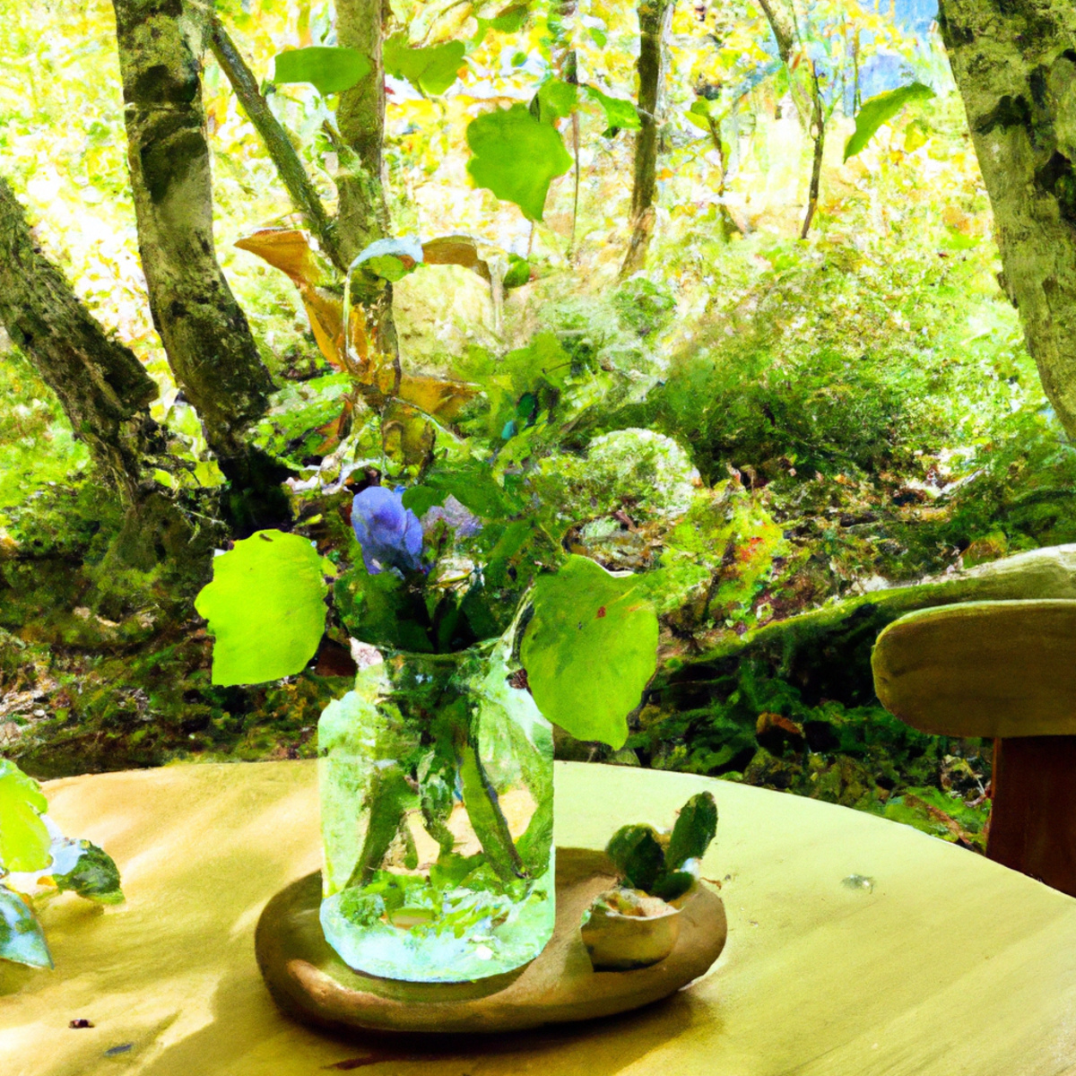 Serene forest scene with holistic self-care objects: wildflowers, books on mindfulness, river stone, and herbal tea.