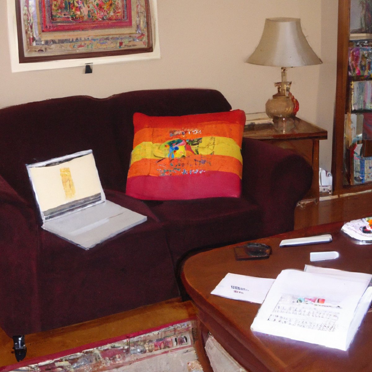 Warm and inviting living room with resources on Hurler Syndrome, including books, pamphlets, and a laptop for online support.