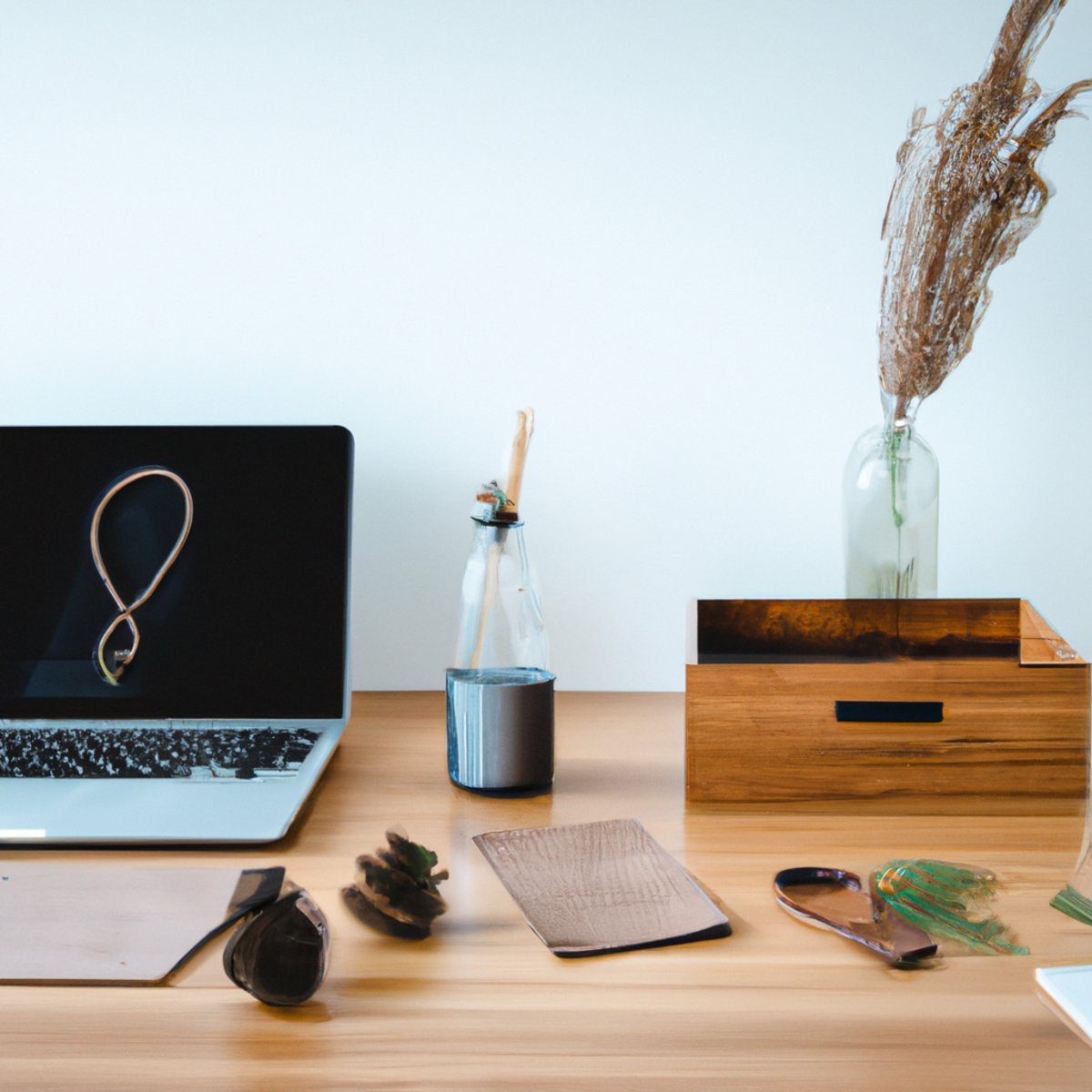 Serene workspace with wooden desk, laptop, plant, tea, journal, headphones. Promotes mindfulness and self-care.