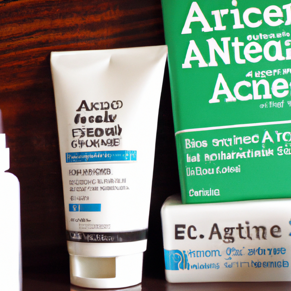 Close-up shot of bathroom countertop showcasing acne treatment objects: acne cream, facial cleanser, exfoliating scrub, magnifying mirror, towels. Soft lighting, aesthetically pleasing composition.