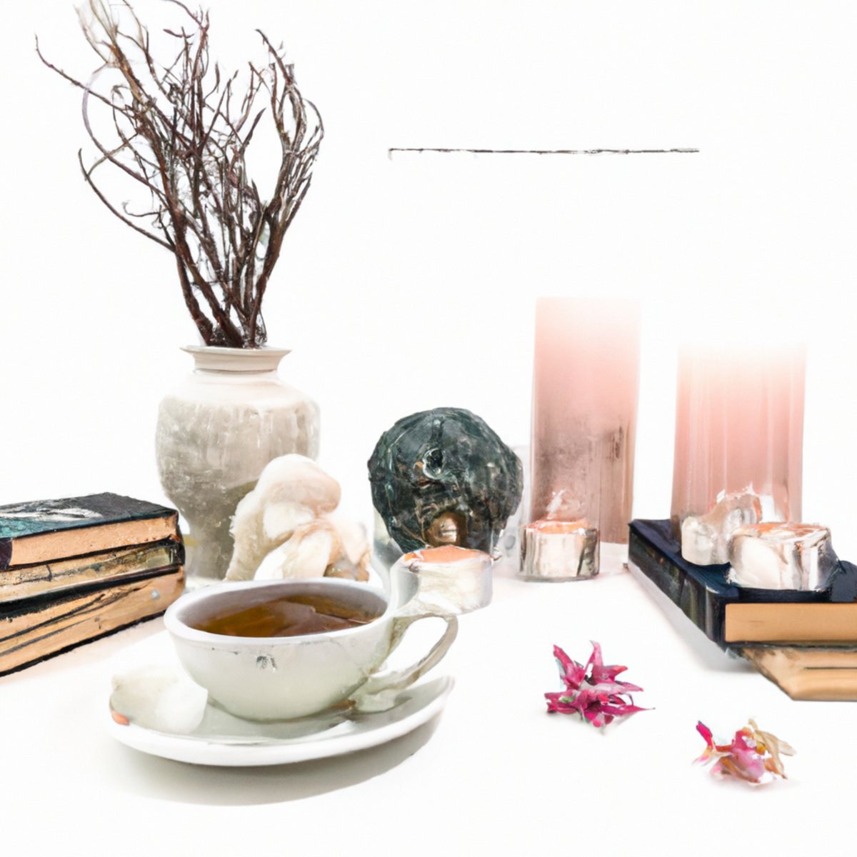 A serene display of self-care: teacup, candles, flowers, blanket. A tranquil scene promoting relaxation and rejuvenation - Inner beauty