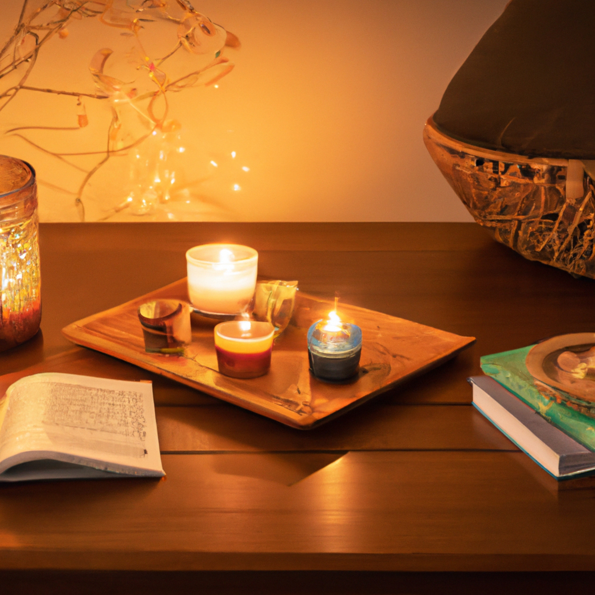 Cozy living room with candle, books, blanket, tea, promoting relaxation and mindfulness -Self-care tips