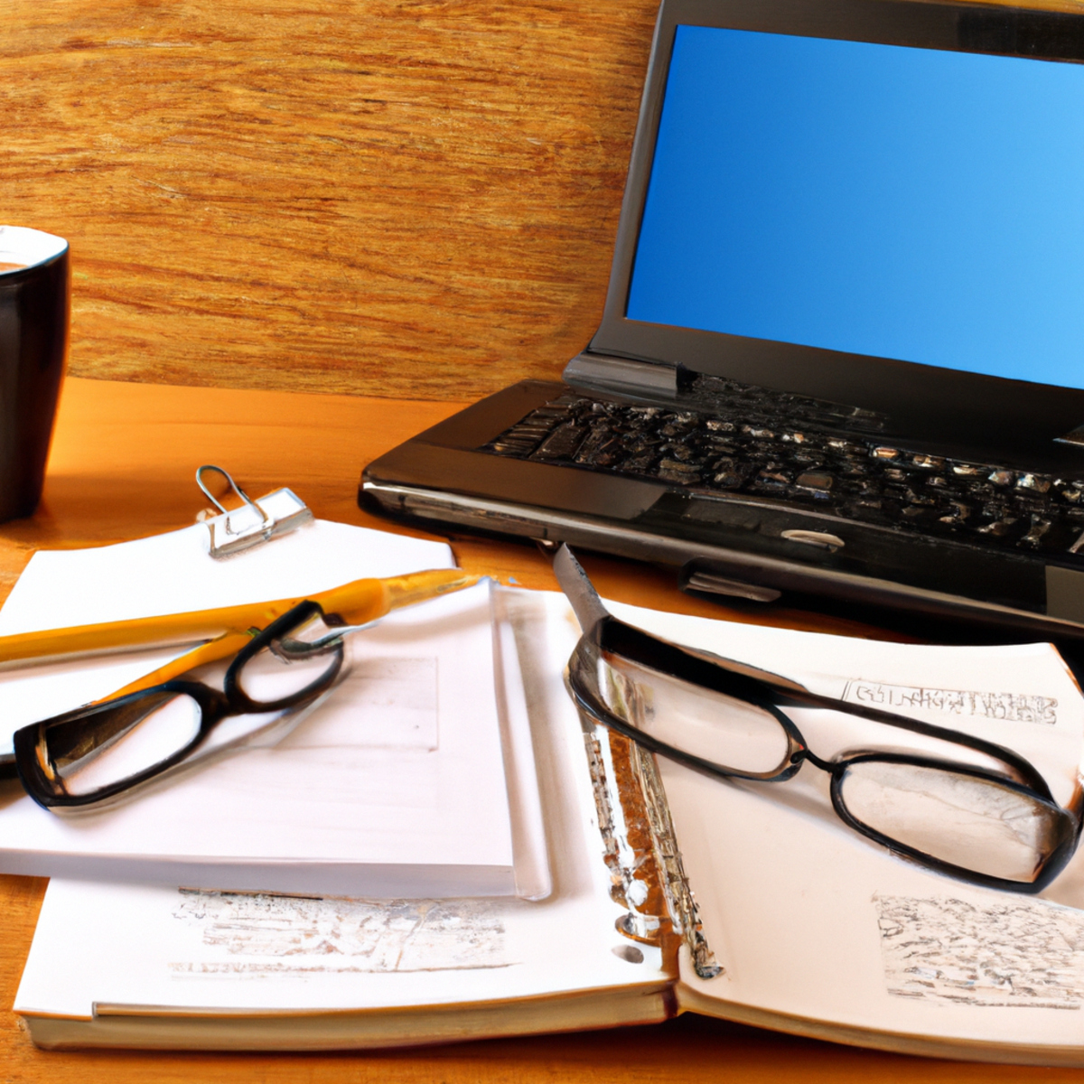 Cluttered desk with laptop, notepad, pen, coffee mug, and glasses symbolizing cognitive disconnection in Capgras Syndrome.