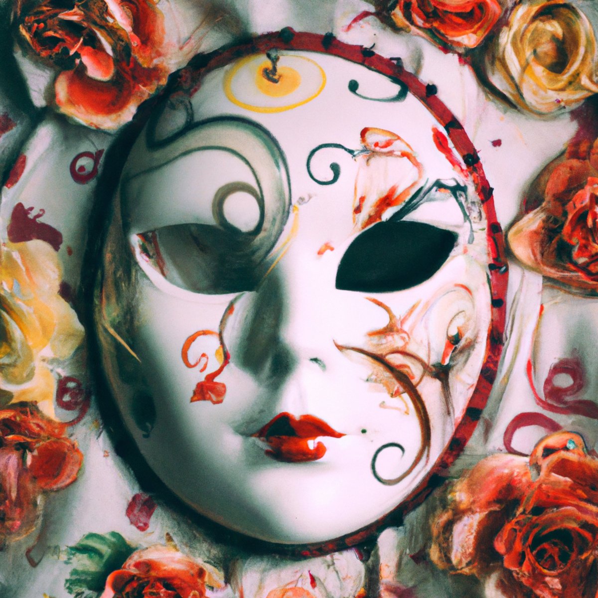 Delicate porcelain mask on vibrant flowers, symbolizing emotional facade and resilience of Harlequin Ichthyosis.