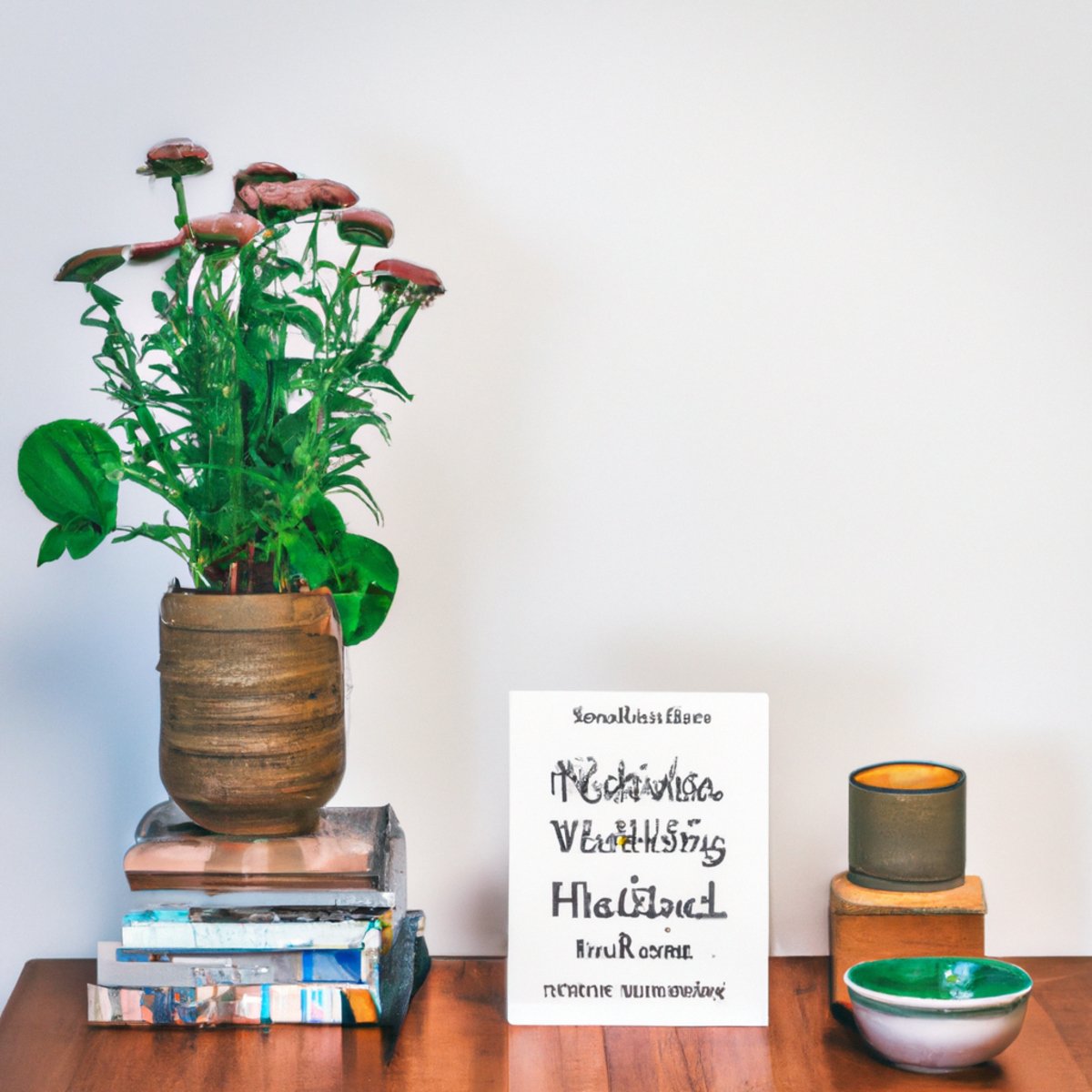 A serene scene with a green plant, books, tea, and journal, promoting mindfulness, self-care, and positive thinking.