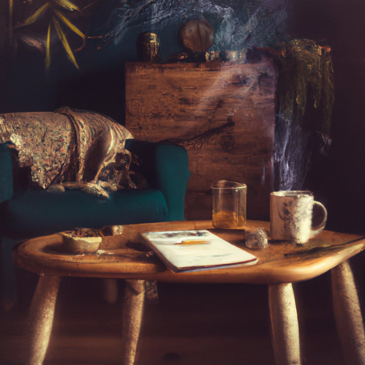 Cozy living room with warm lighting, herbal tea, journal, blanket, flowers. Invites relaxation and stress relief - Self-care during Stressful Times