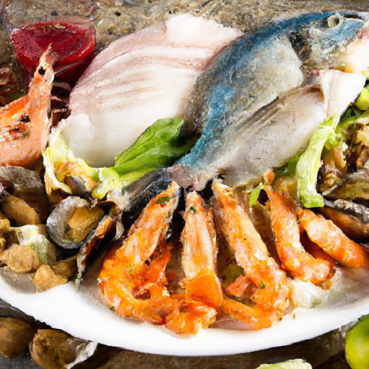 Seafood ingredients arranged artistically on a white plate, capturing the essence of Fish Odor Syndrome.