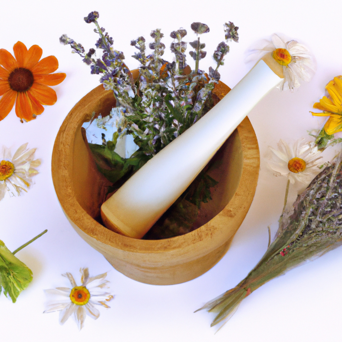 A serene photo of natural beauty remedies: flowers, herbs, honey, almonds, and herbal tea, promoting internal and external wellness.