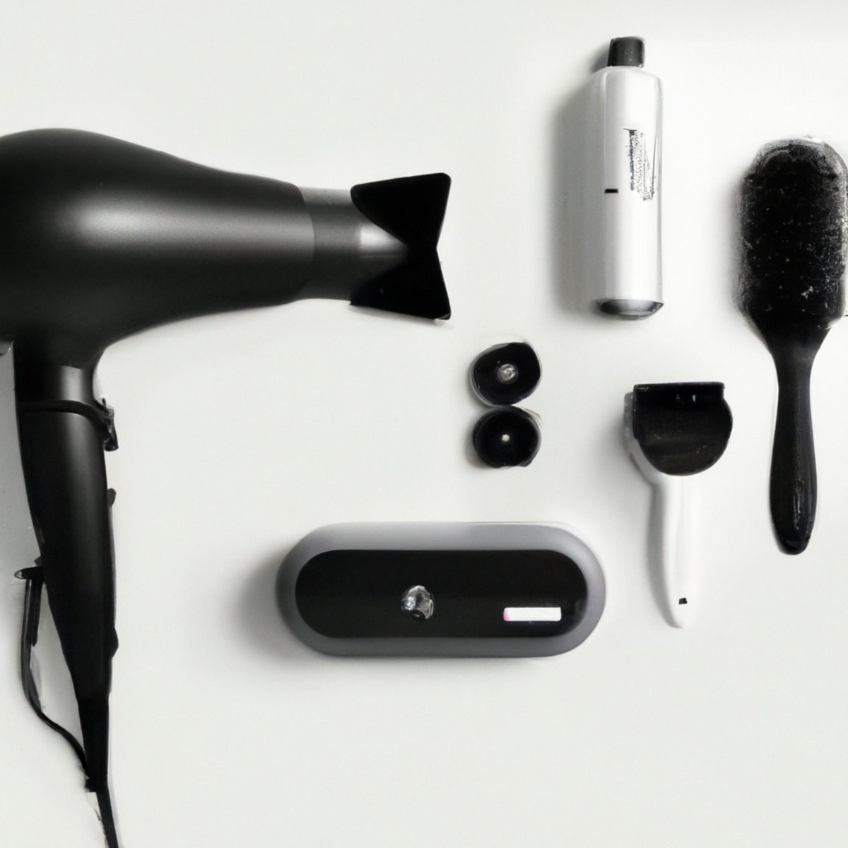 Stylishly arranged self-care products for perfect hair at home, featuring a sleek hairdryer as the focal point.