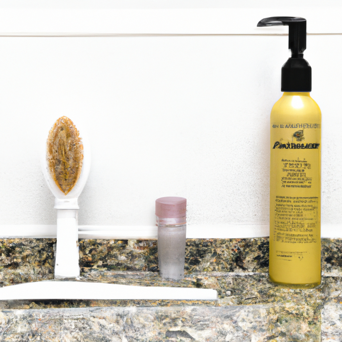 Sleek bathroom countertop with hair loss treatment objects: hair growth serum, comb, brush, mirror, hairdryer, towel. Optimistic and inviting.