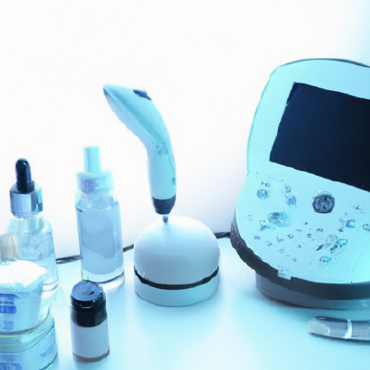 Close-up view of a table with a sleek laser device emitting blue light, surrounded by skincare products and research papers -Rosacea management