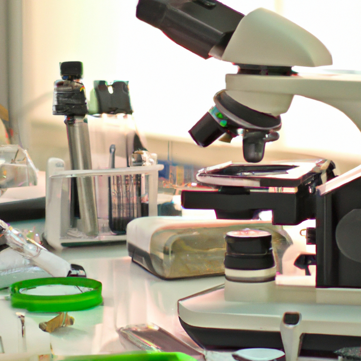 Lab scene with microscope, petri dish, and scientific equipment. Represents research on Fibrodysplasia Ossificans Progressiva.