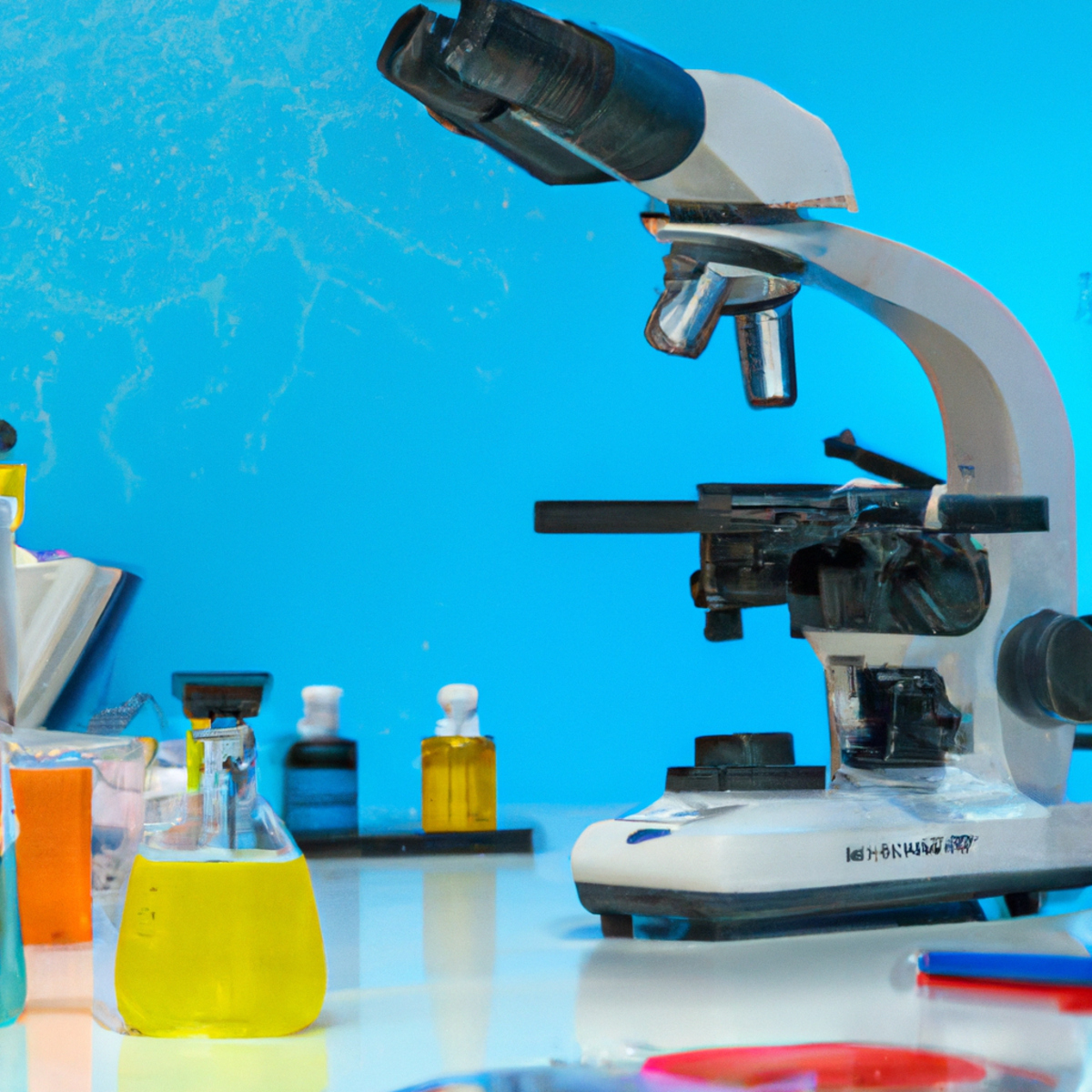 Neatly organized lab table with scientific equipment, showcasing test tubes, beakers, and microscopes. Microscope slide displays colorful molecular structure, highlighting precision in scientific research -Mucopolysaccharidoses