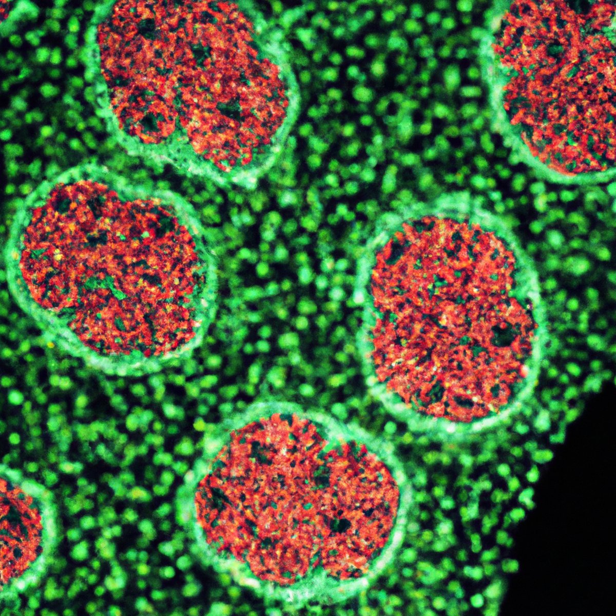 Close-up of vibrant Langerhans cells on a dark background, showcasing intricate morphology and scientific precision.