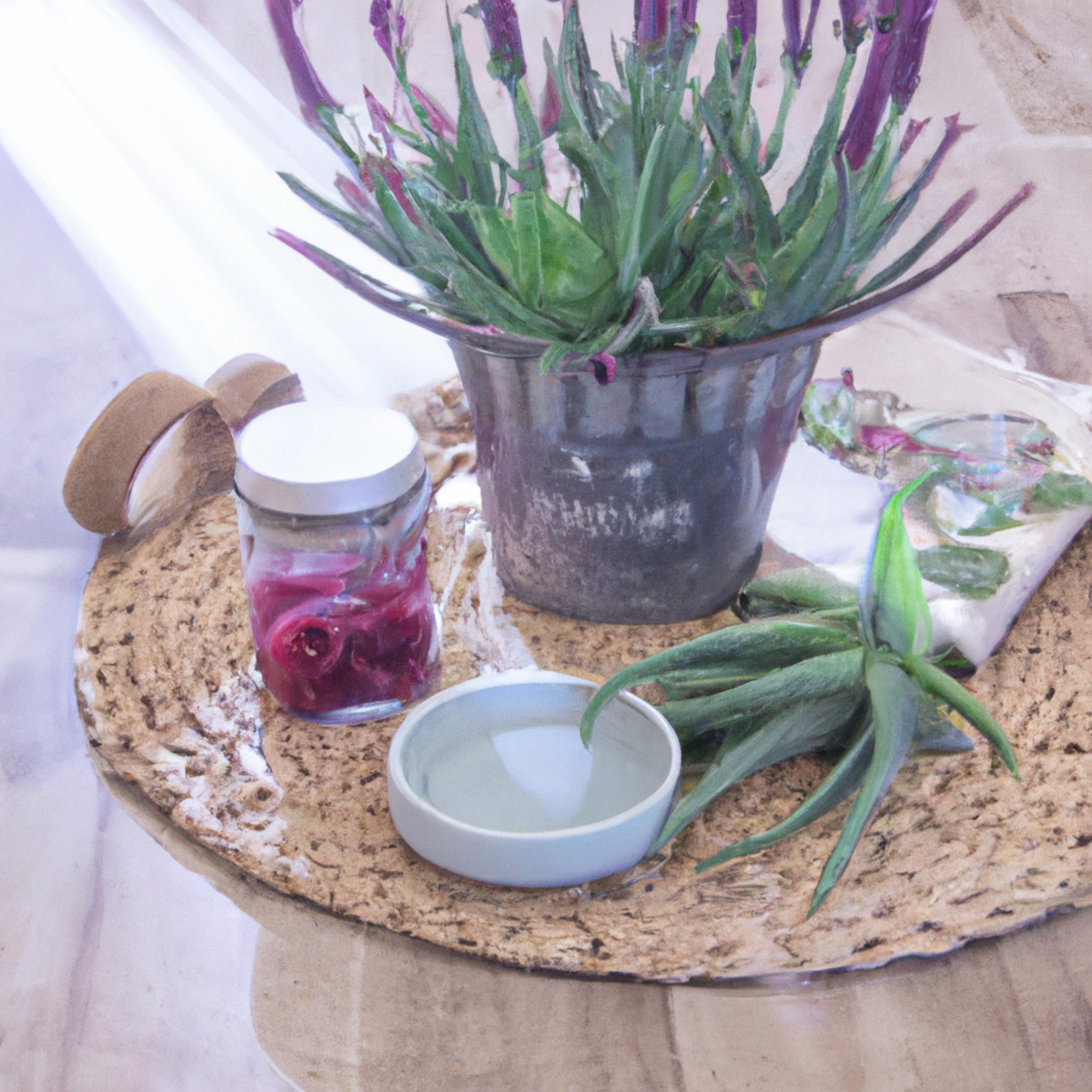 Wooden table adorned with natural remedies for rosacea management: chamomile flowers, essential oils, books, and aloe vera. Soft, inviting lighting.