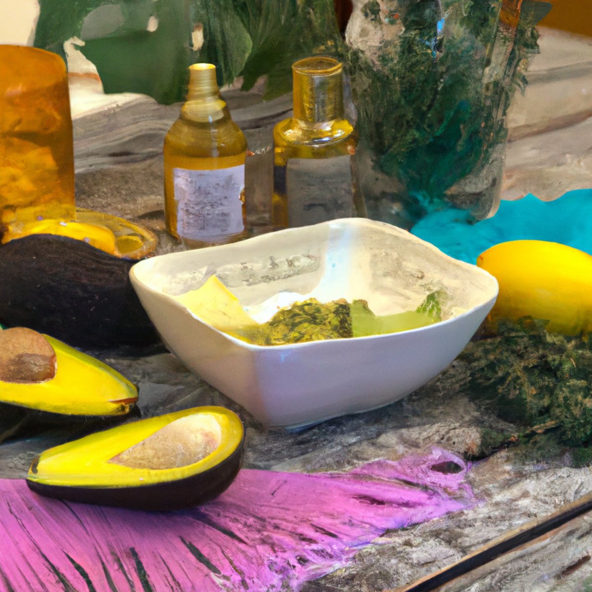 DIY face mask ingredients, tools, and lush greenery backdrop evoke freshness and rejuvenation -Natural beauty remedies