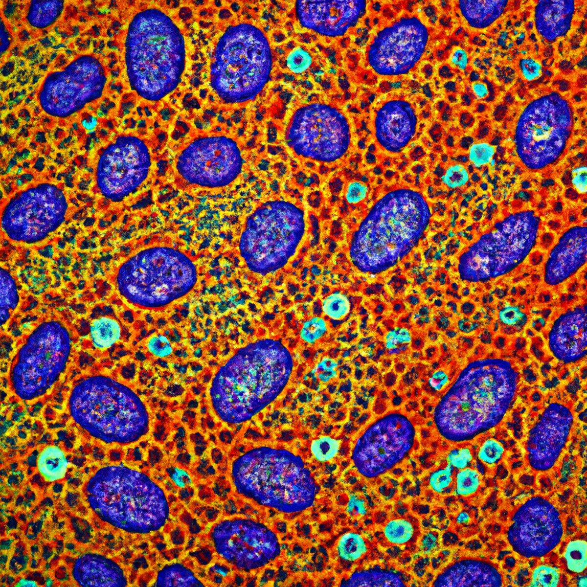 Close-up of stained Langerhans cells on a microscope slide, surrounded by lab equipment, illustrating scientific research on Langerhans Cell Histiocytosis.