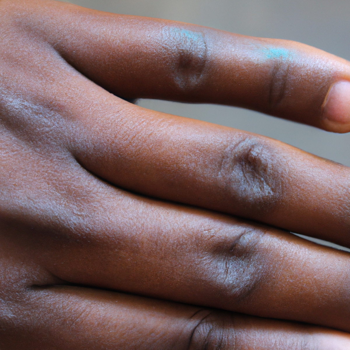 Close-up of human hand with bluish hue, smooth texture, against neutral background, highlighting Argyria's effects.